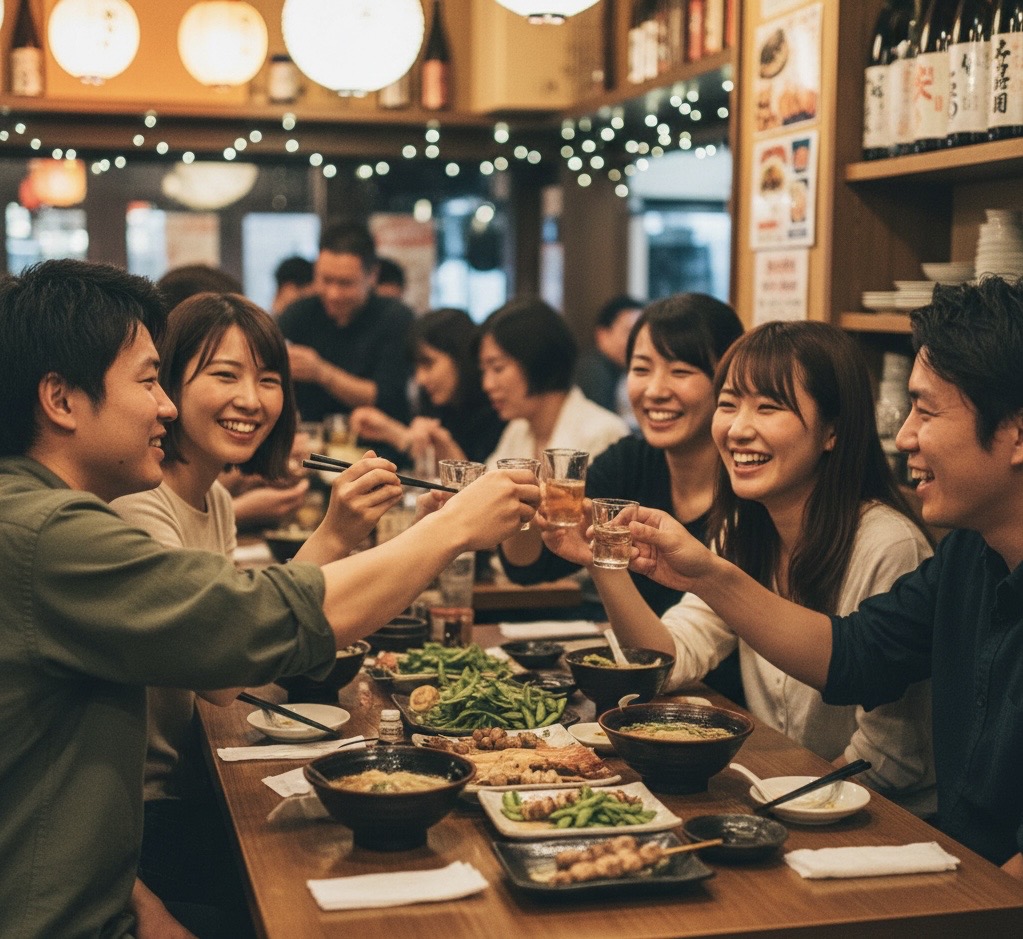 Casual Japanese diners enjoying a relaxed meal together