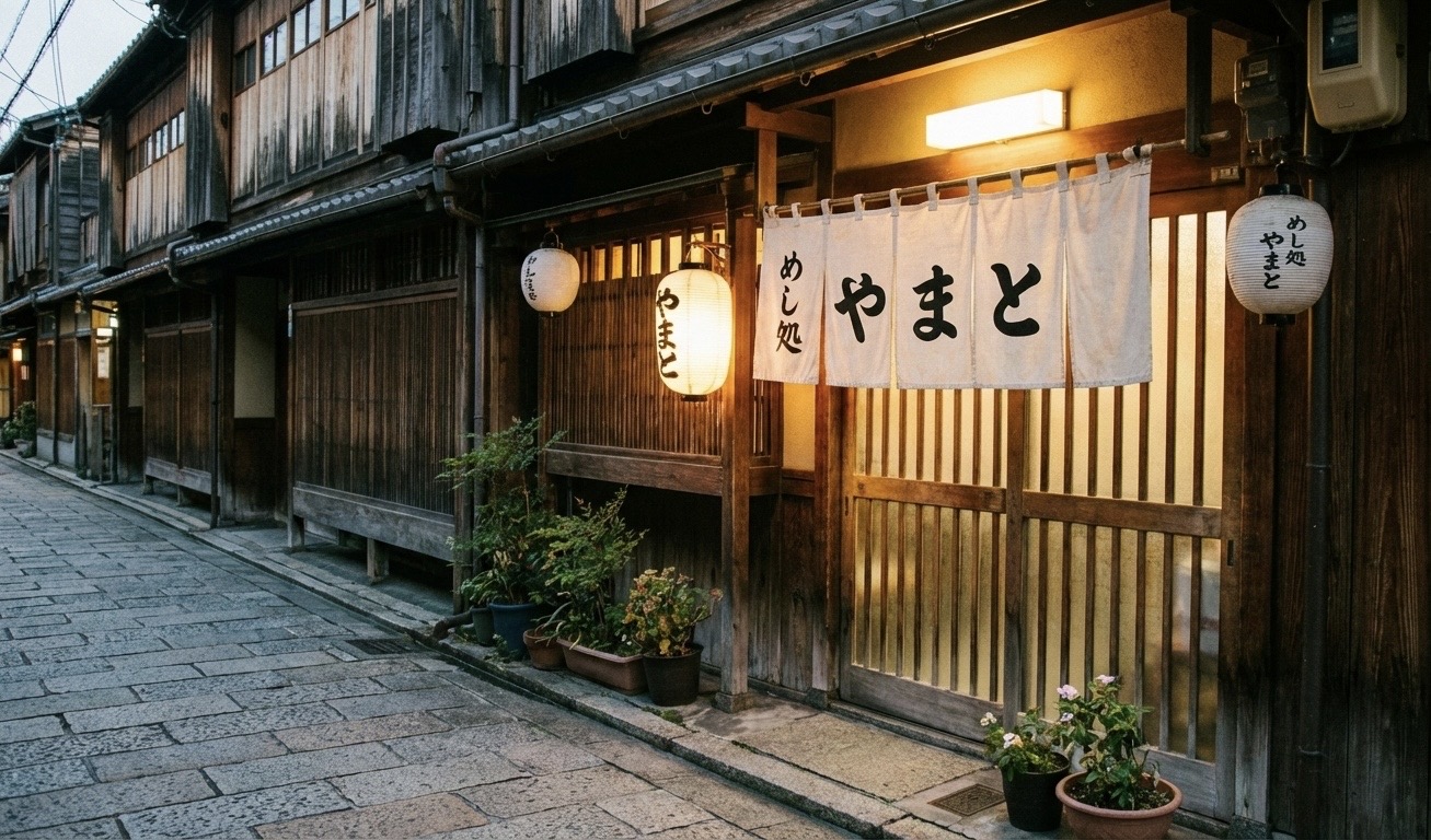 Entrance of a small Japanese restaurant with noren curtains
