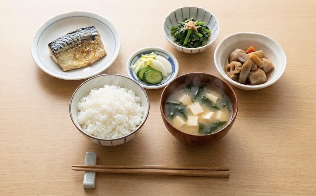 Japanese meal with chopsticks placed properly on a chopstick rest
