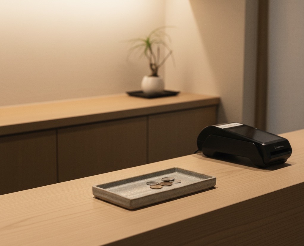 Japanese restaurant cashier counter with payment tray