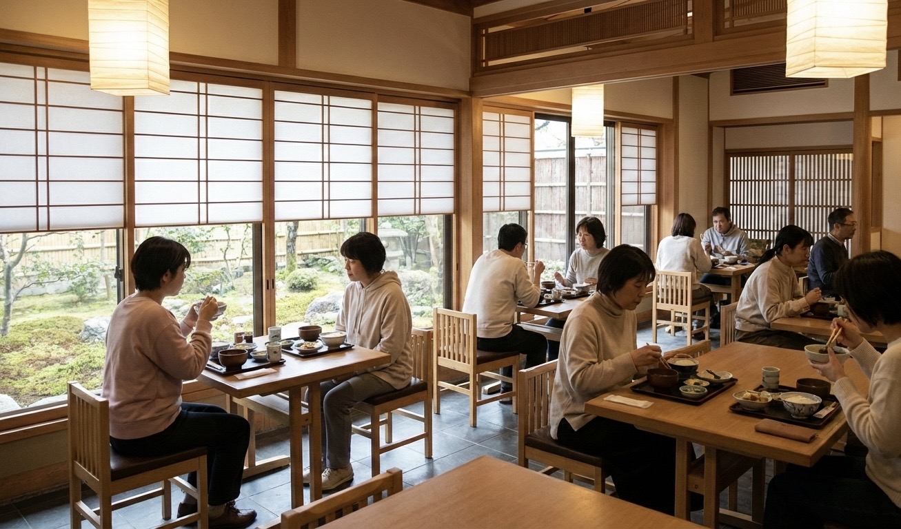 Quiet Japanese restaurant interior with diners eating calmly at tables